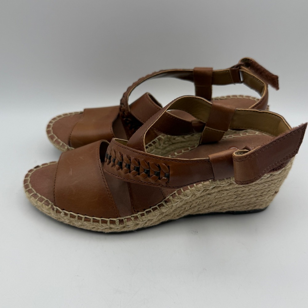 Clarks Unstructured Wedge Sandals Womens 6 Brown Leather Espadrille Whipstitch